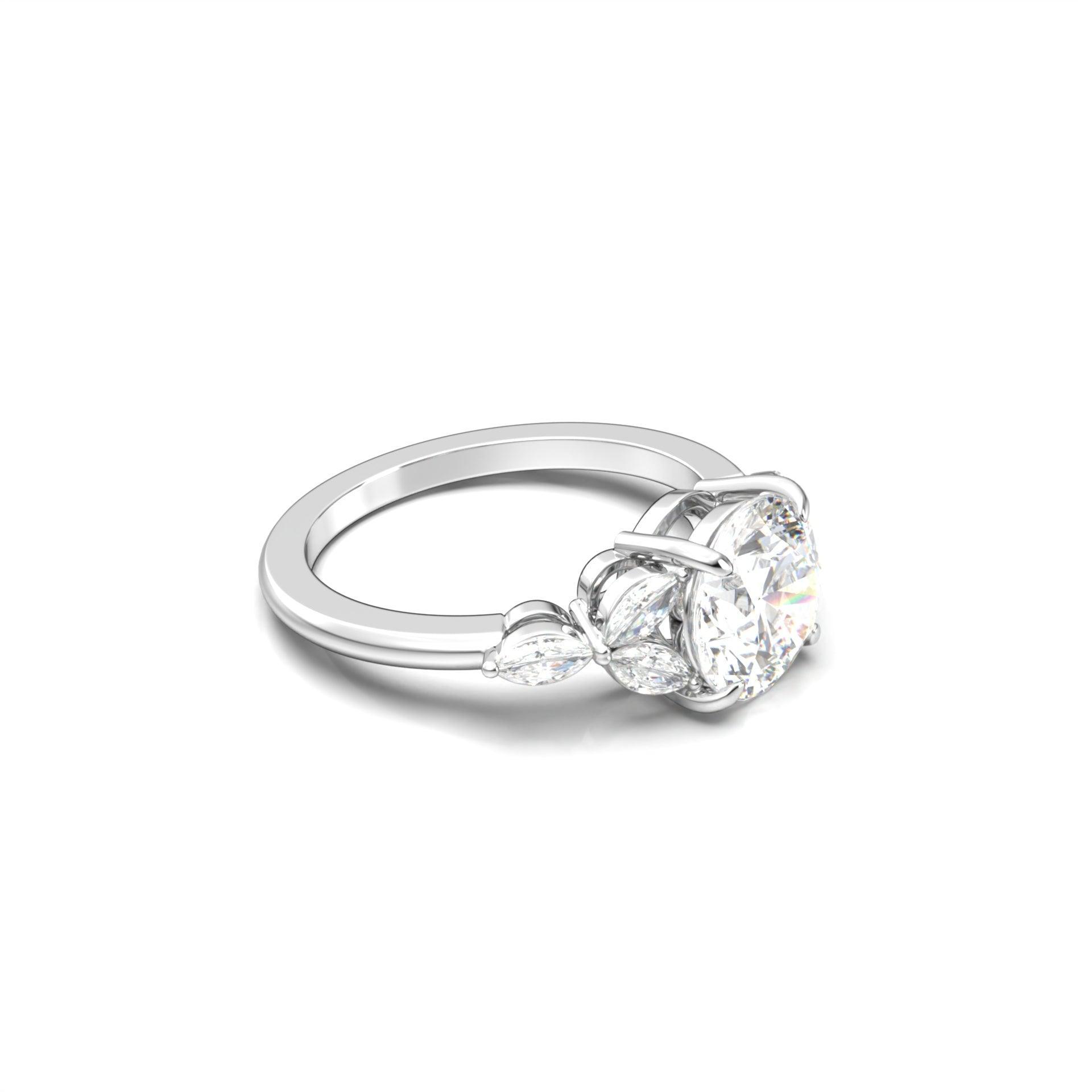 Round Triple Marquise Accent Stones Diamond Engagement Ring - Moissanite Engagement Rings