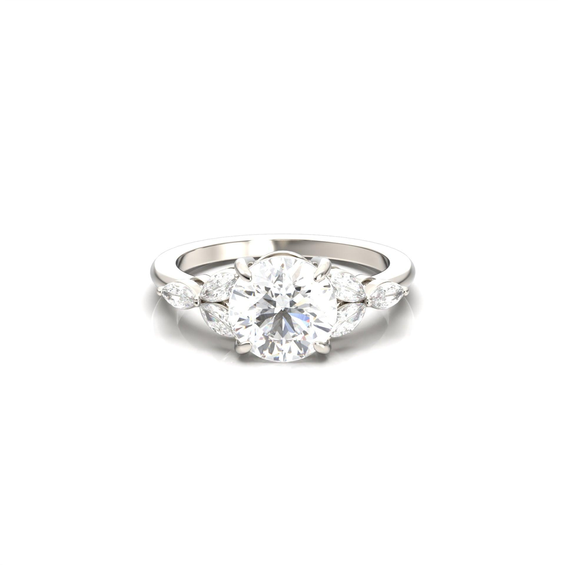 Round Triple Marquise Accent Stones Diamond Engagement Ring - Moissanite Engagement Rings