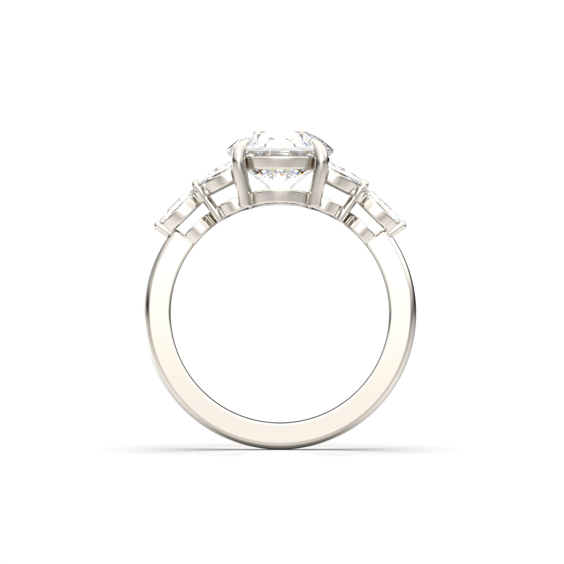 Round Triple Marquise Accent Stones Diamond Engagement Ring - Moissanite Engagement Rings