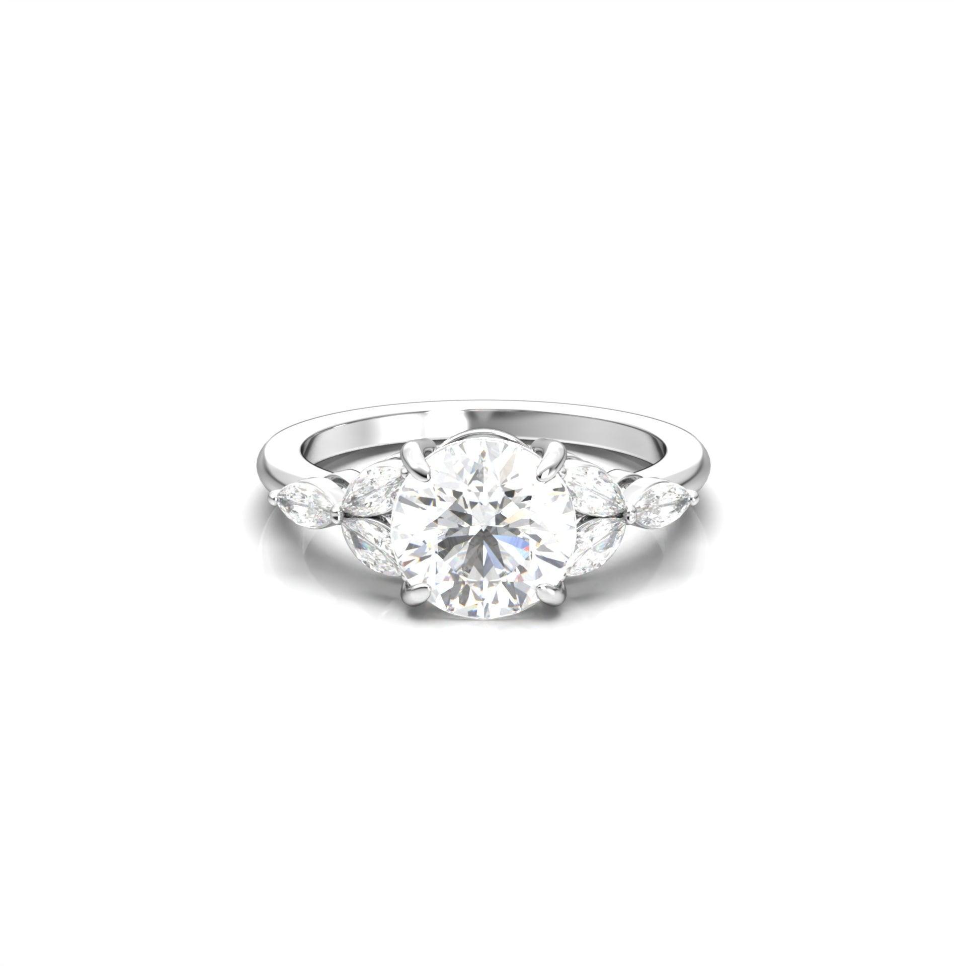 Round Triple Marquise Accent Stones Diamond Engagement Ring - Moissanite Engagement Rings