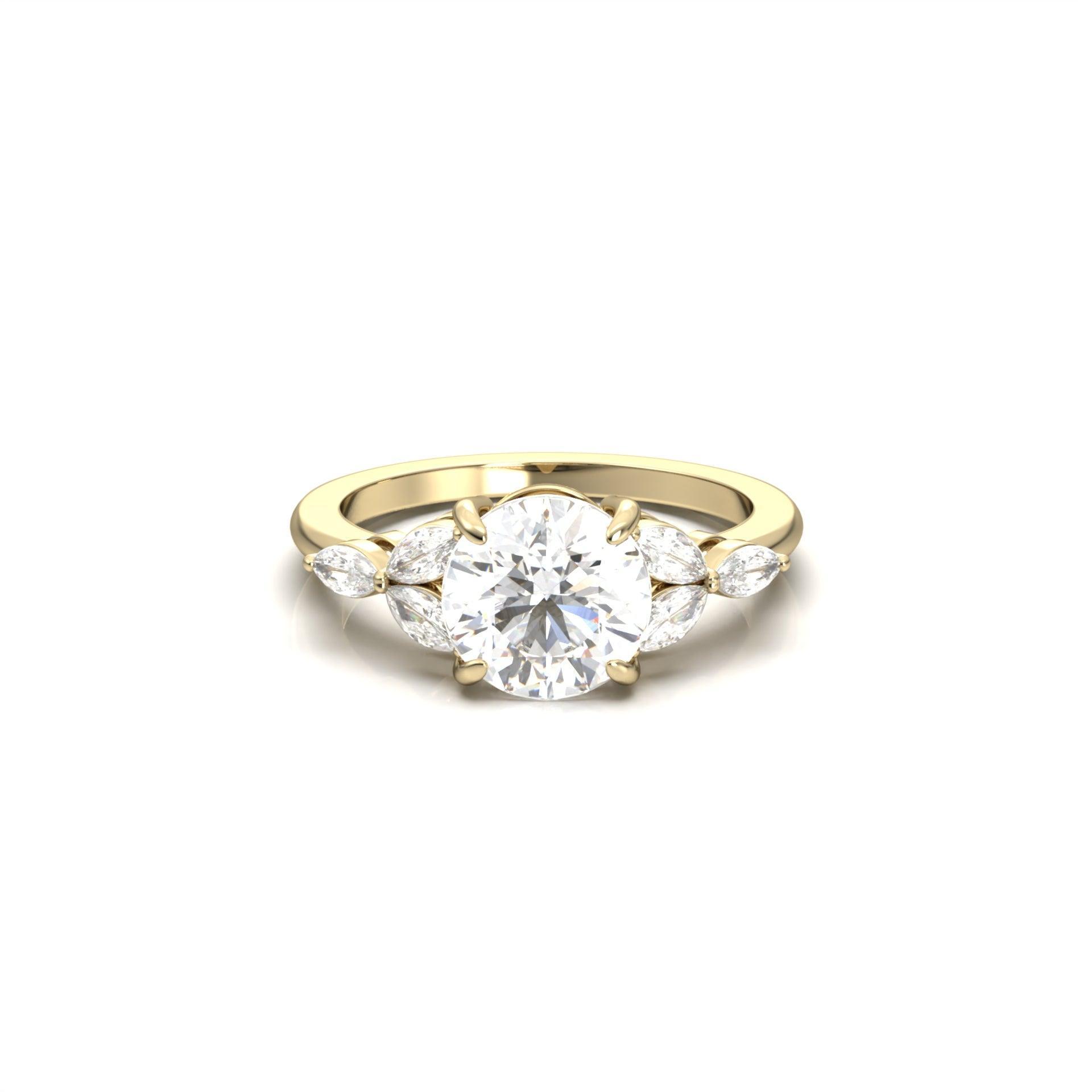 Round Triple Marquise Accent Stones Diamond Engagement Ring - Moissanite Engagement Rings