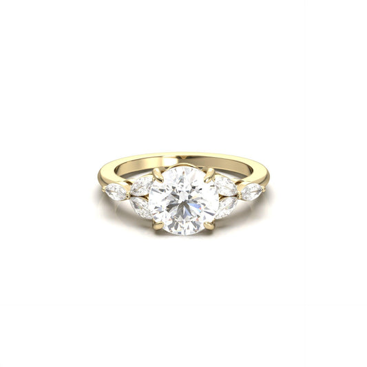 Round Triple Marquise Accent Stones Diamond Engagement Ring - Moissanite Engagement Rings