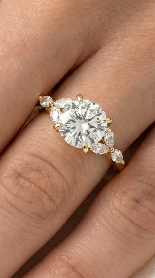 Round Triple Marquise Accent Stones Moissanite Engagement Ring
