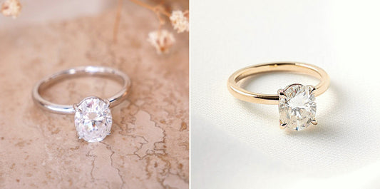 Aurora oval solitaire in white gold with lab grown diamond beside Aurora oval solitaire in yellow gold with moissanite, Moissanite Engagement Rings Melbourne
