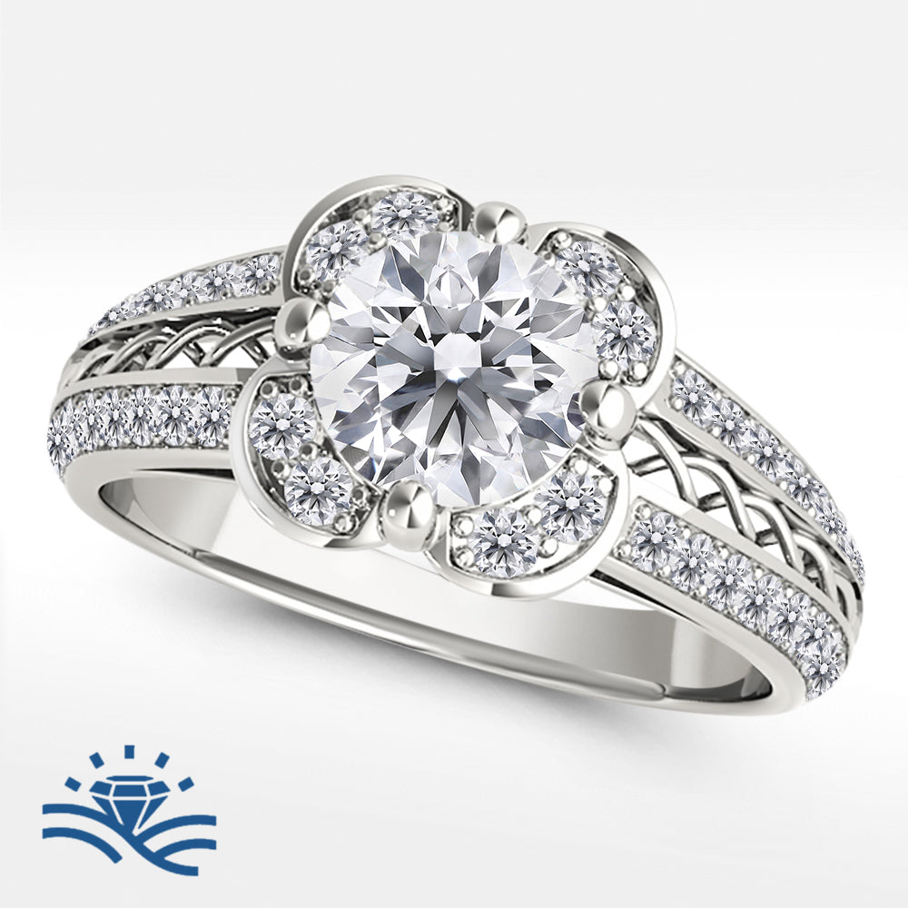 Round Floral Halo Micro-Pavé Moissanite Engagement Ring