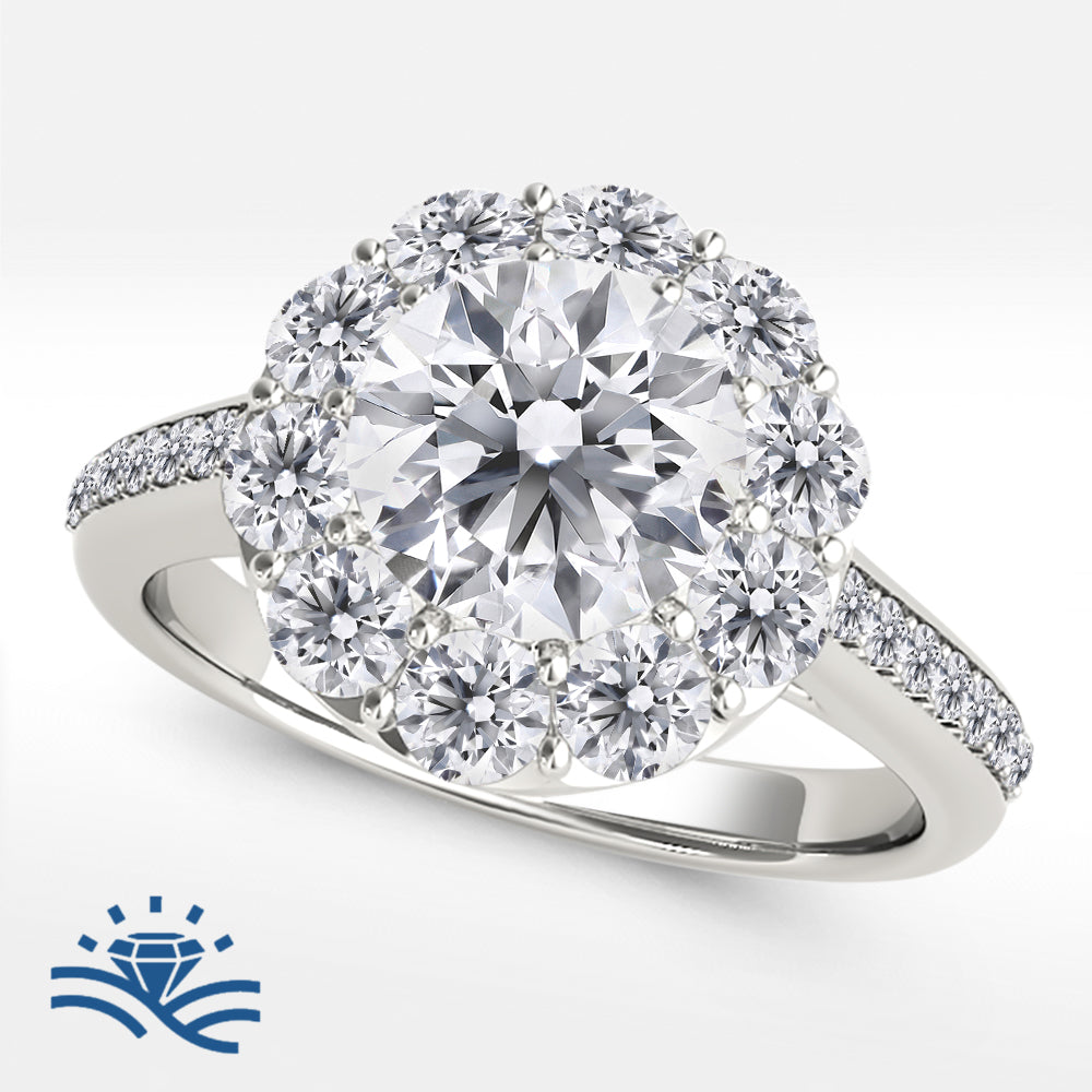 Round Floral Halo Half Pavé Moissanite Engagement Ring