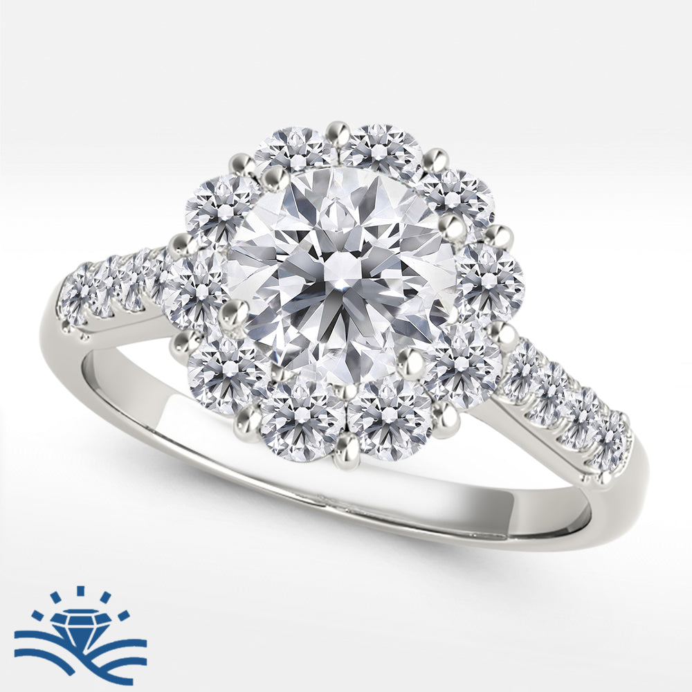 Round Floral Halo Half Pavé Moissanite Engagement Ring