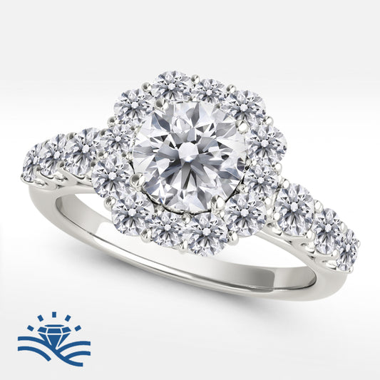 Round Floral Halo Half Pavé Moissanite Engagement Ring