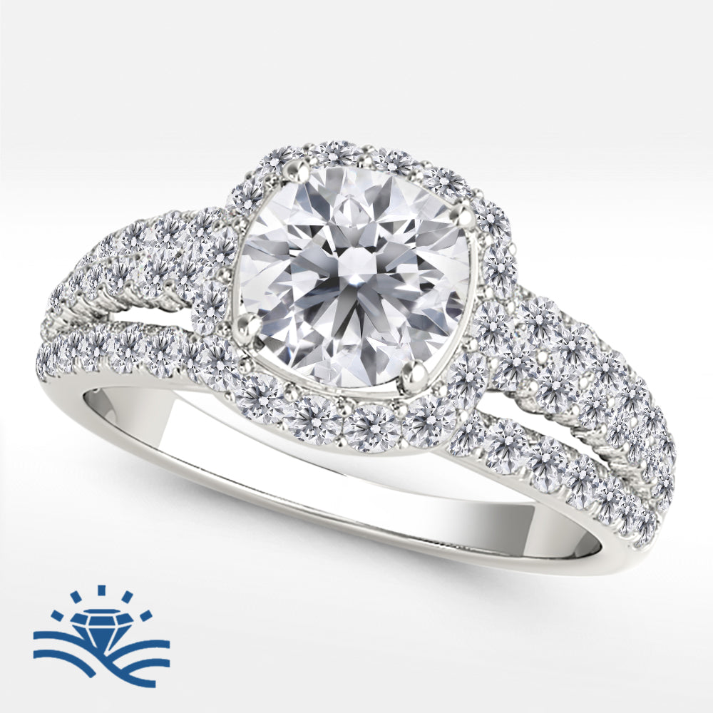 Round with Cushion Halo Multirow Half Pavé Moissanite Engagement Ring