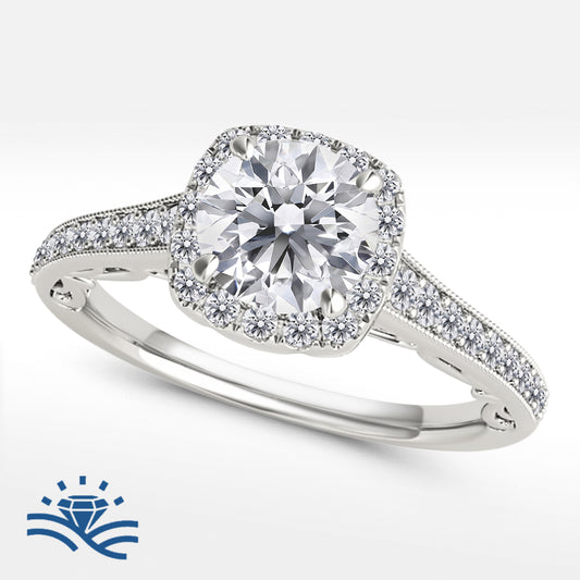 Round with Cushion Halo Half Pavé Moissanite Engagement Ring