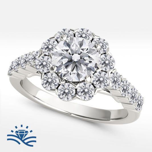 Round Floral Halo Half Pavé Moissanite Engagement Ring