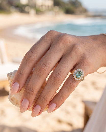 Amelia: Oval Sea Green Scalloped Halo with Signet Band Ring