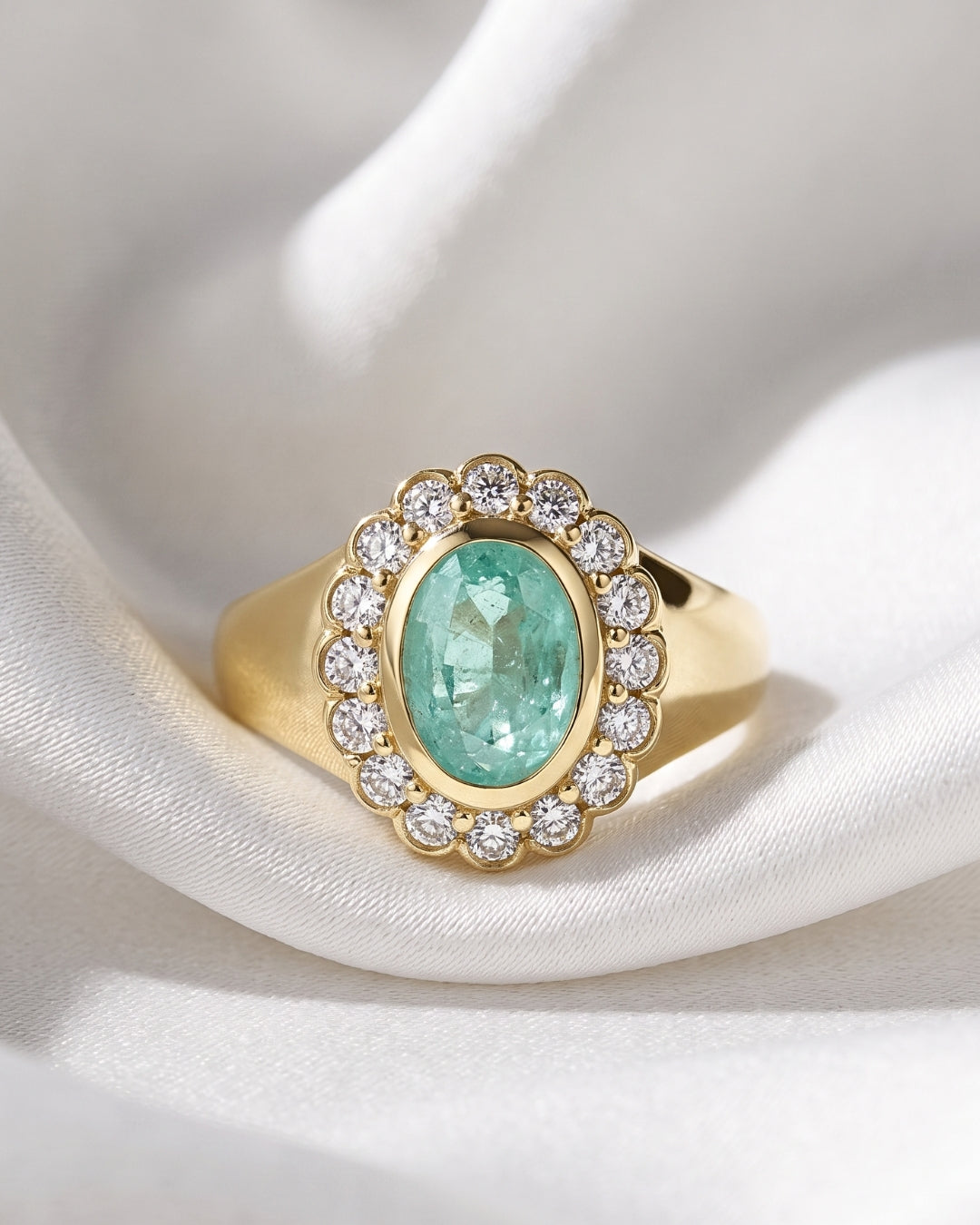 Amelia: Oval Sea Green Scalloped Halo with Signet Band Ring