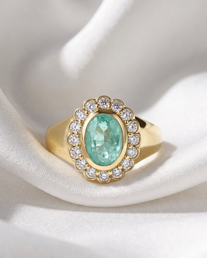 Amelia: Oval Sea Green Scalloped Halo with Signet Band Ring