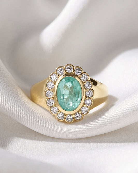 Amelia: Oval Sea Green Scalloped Halo with Signet Band Ring