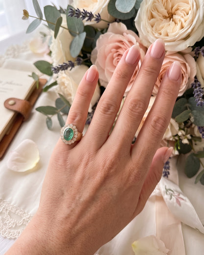 Amelia: Oval Sea Green Scalloped Halo with Signet Band Ring