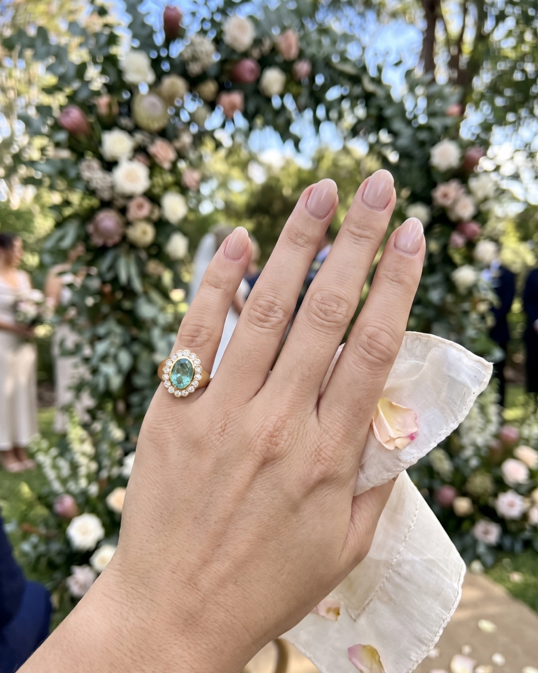 Amelia: Oval Sea Green Scalloped Halo with Signet Band Ring