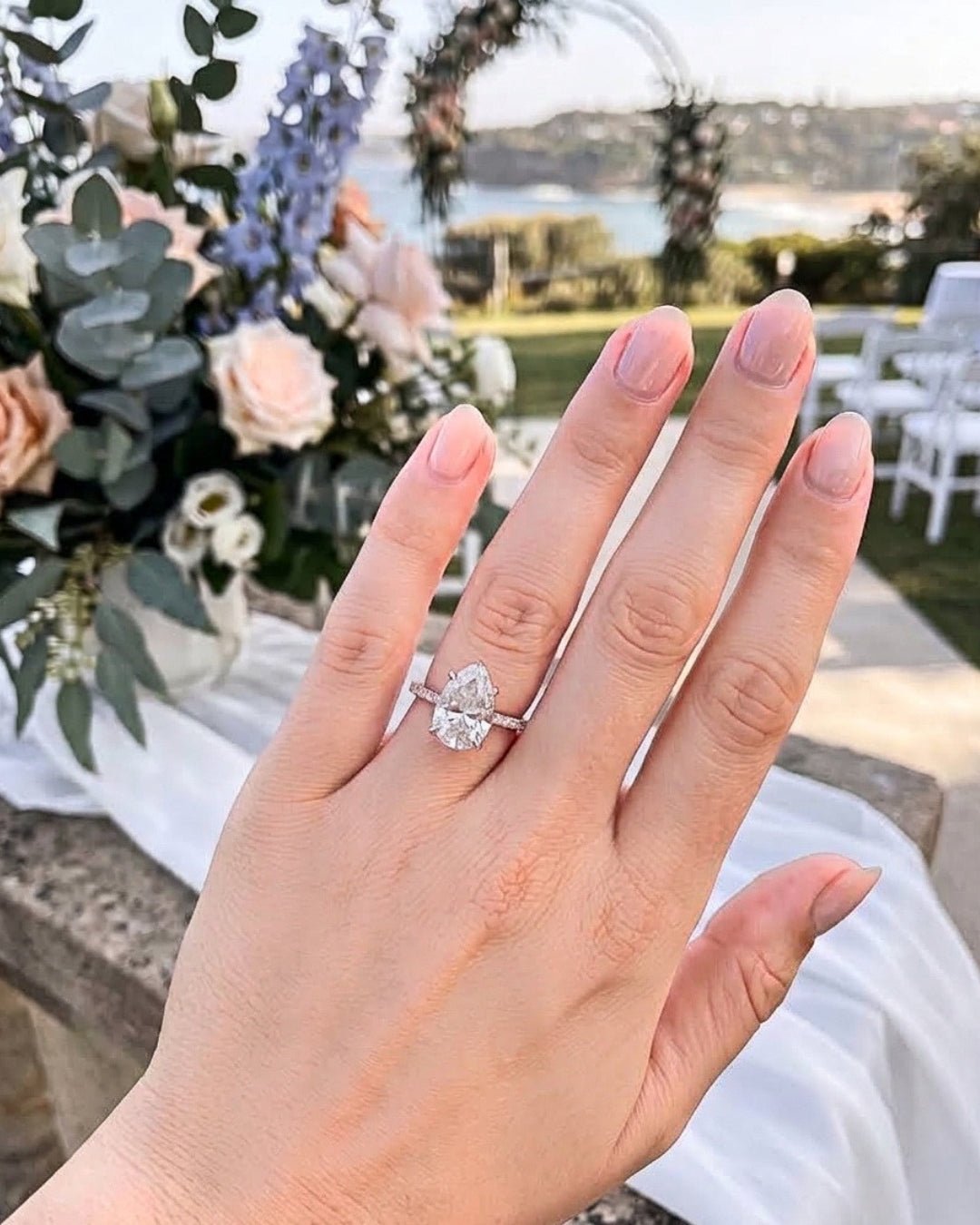 Anya - Pear Half Pavé Hidden Halo Moissanite Engagement Ring - Moissanite Engagement Rings