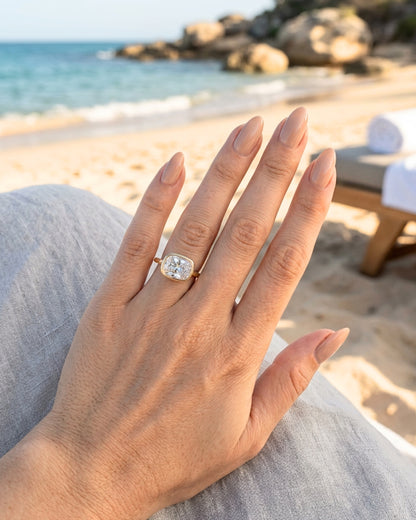 Billie: East West Bezel Elongated Cushion Moissanite Engagement Ring