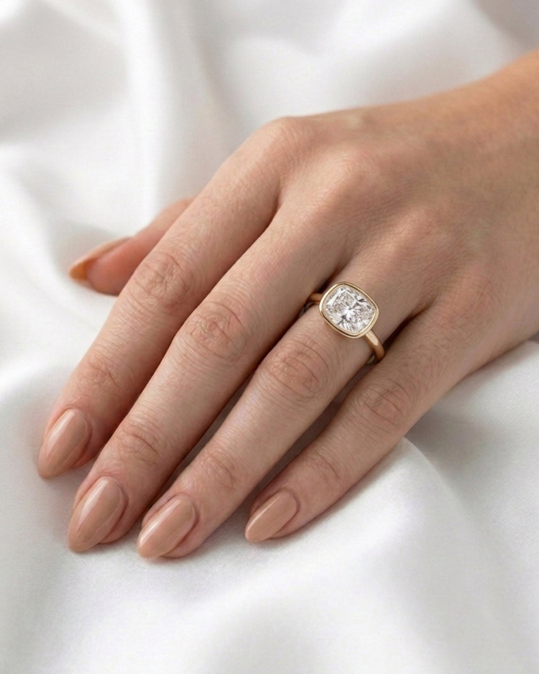Billie: East West Bezel Elongated Cushion Moissanite Engagement Ring