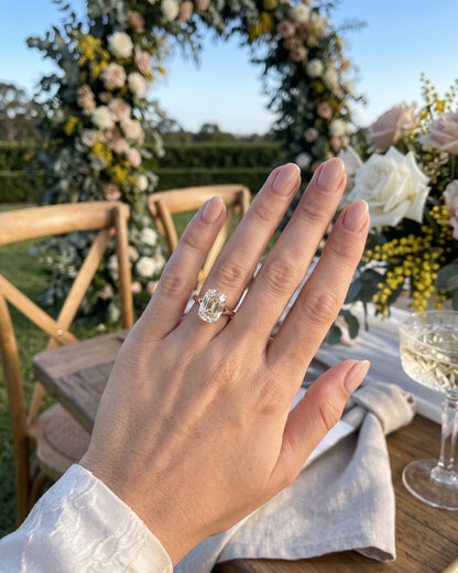 Blanche: Elongated Cushion Antique Cut Tapered Band Moissanite Engagement Ring