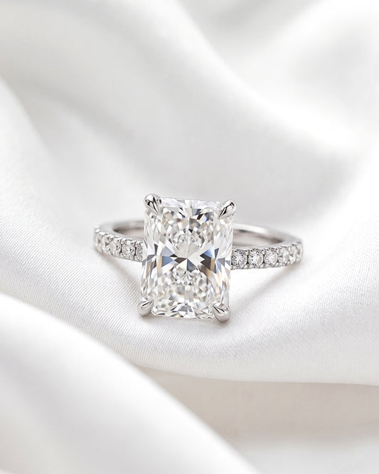 Soraya: Radiant Hidden Halo & Semi Pave Moissanite Engagement Ring - Ready To Ship