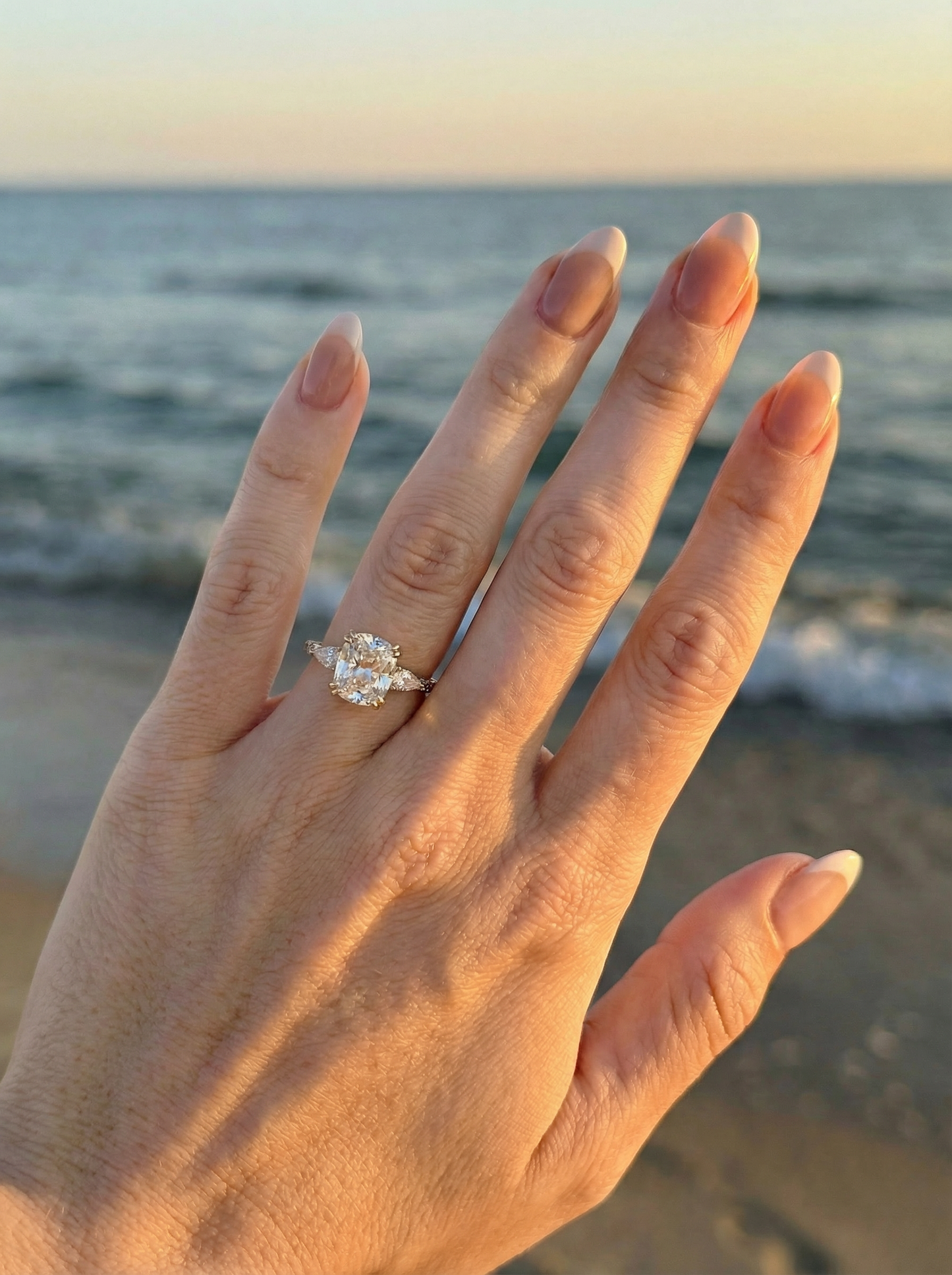 Elongated Cushion Trilogy Full Pavé Moissanite Engagement Ring