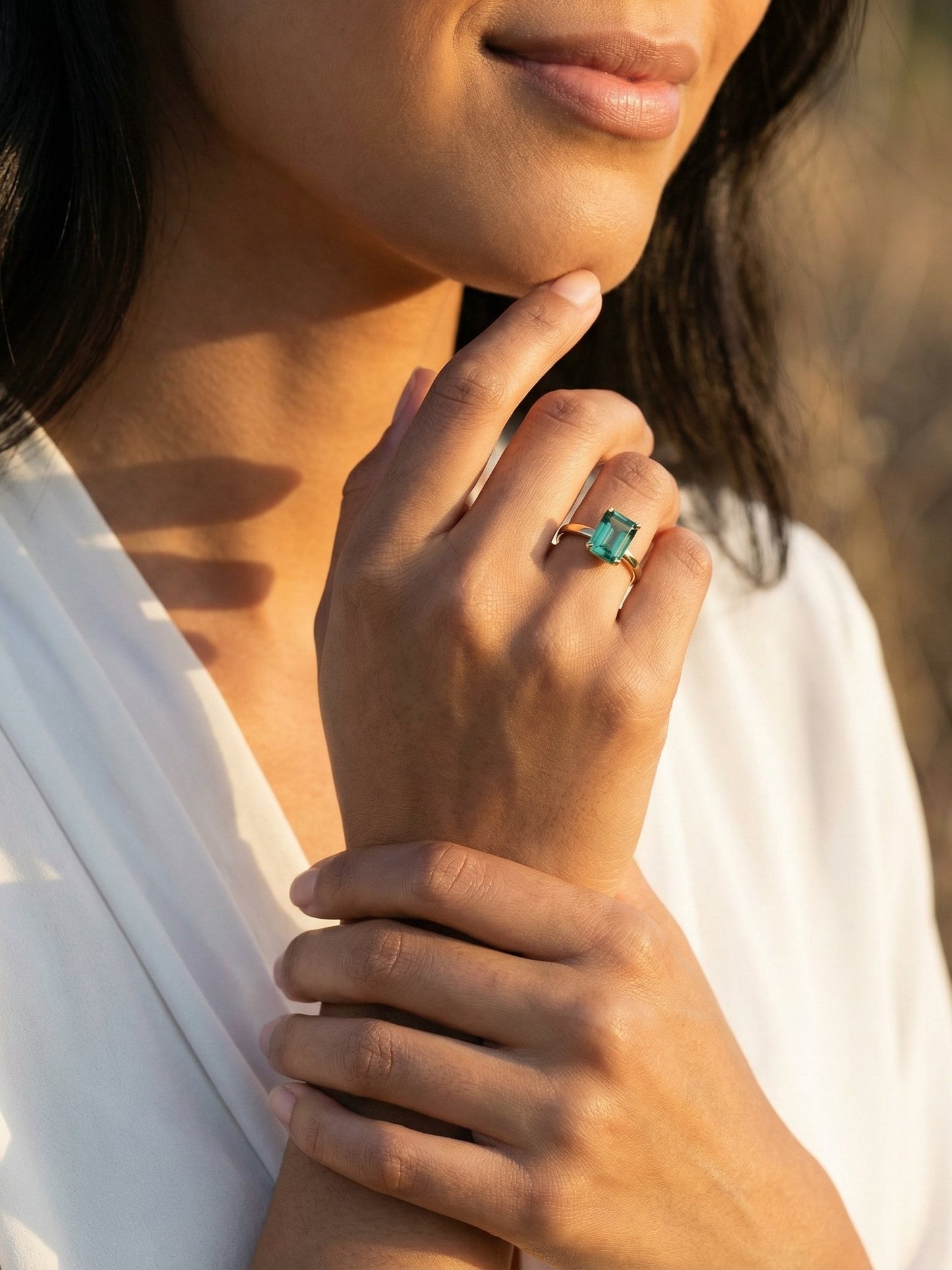 Emerald Cut Emerald Coloured Solitaire Moissanite Engagement Ring