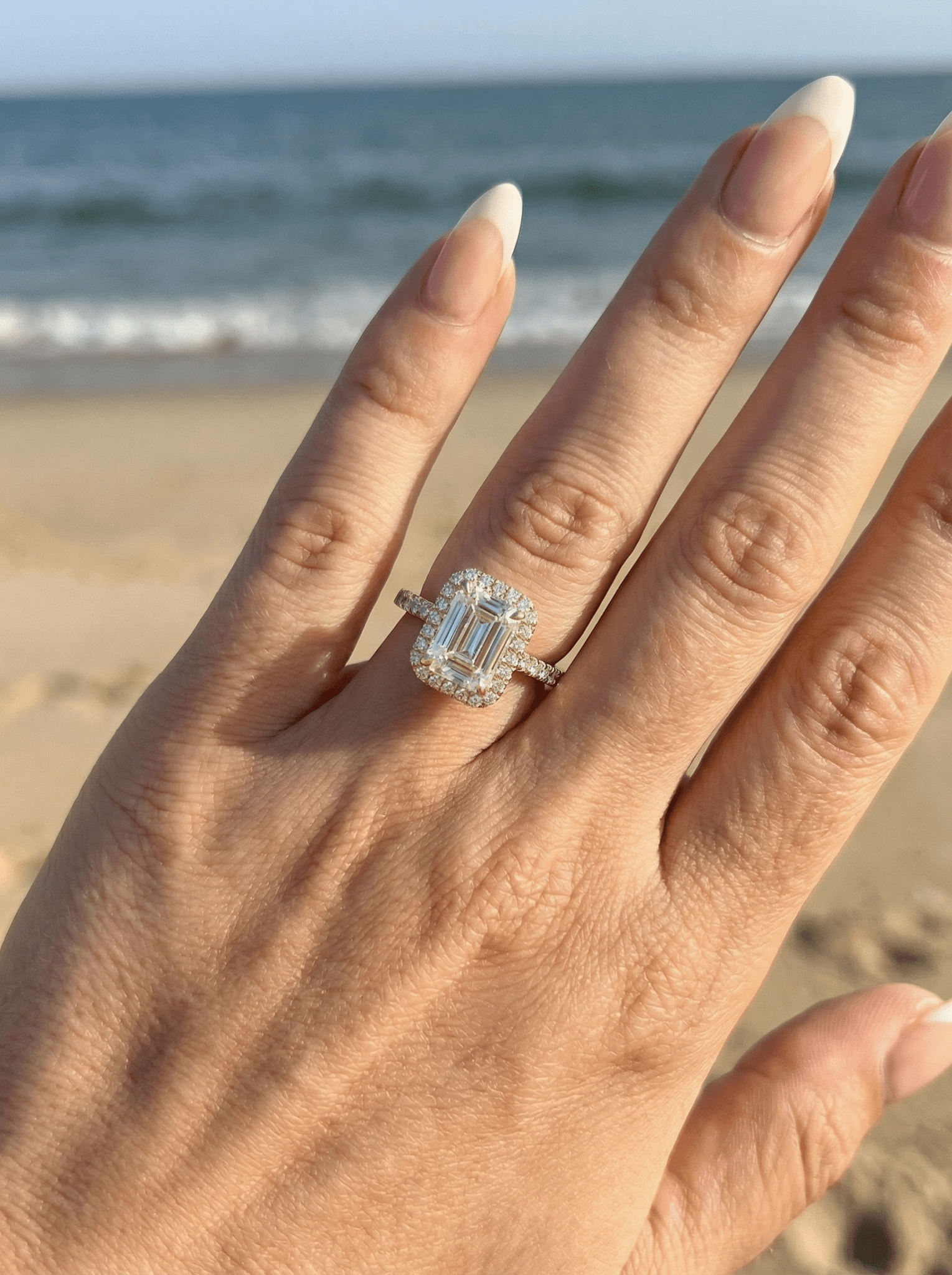 Emerald Halo Half Pavé Moissanite Engagement Ring - Moissanite Engagement Rings