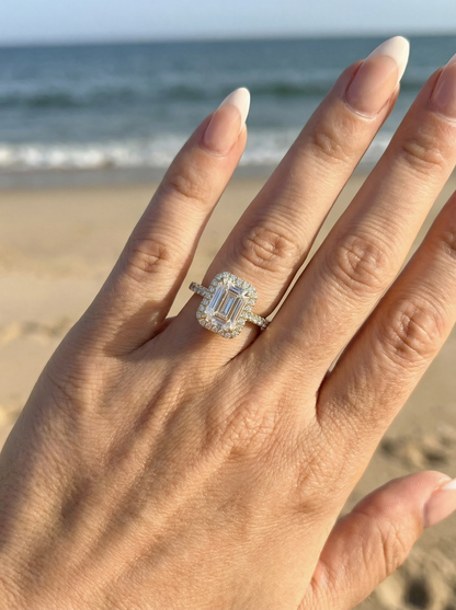 Emerald Halo Half Pavé Diamond Engagement Ring