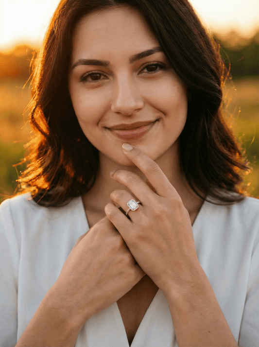 Emerald Halo Half Pavé Moissanite Engagement Ring - Moissanite Engagement Rings