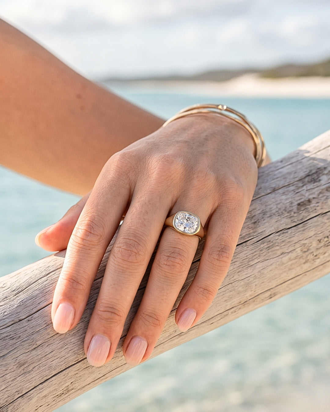 Freya: Elongated Cushion East West Bezel Solitaire with Signet Band Moissanite Engagement Ring