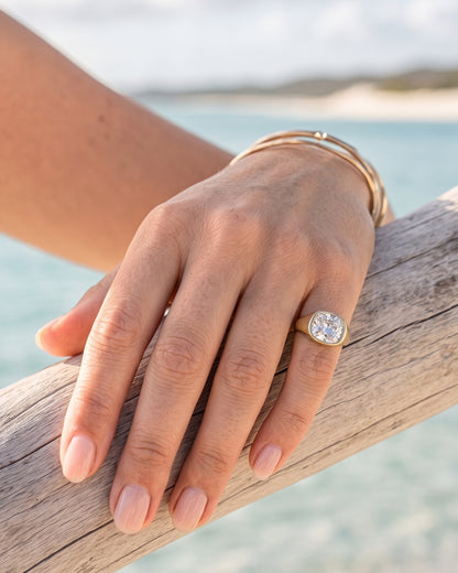 Freya: Elongated Cushion East West Bezel Solitaire with Signet Band Ring