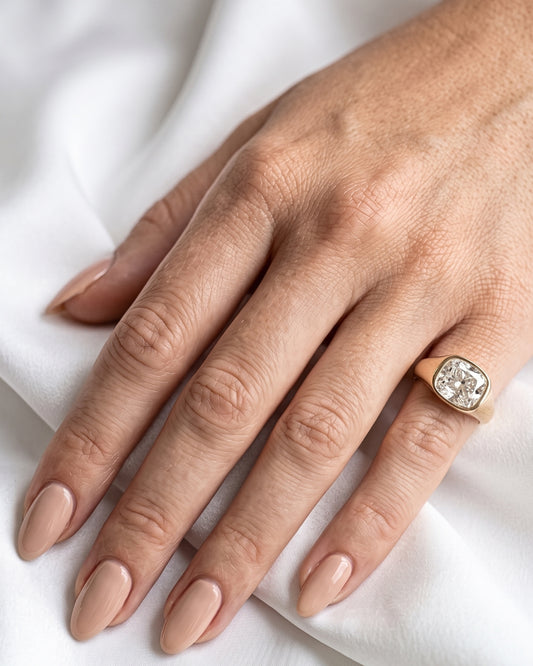 Freya: Elongated Cushion East West Bezel Solitaire with Signet Band Ring