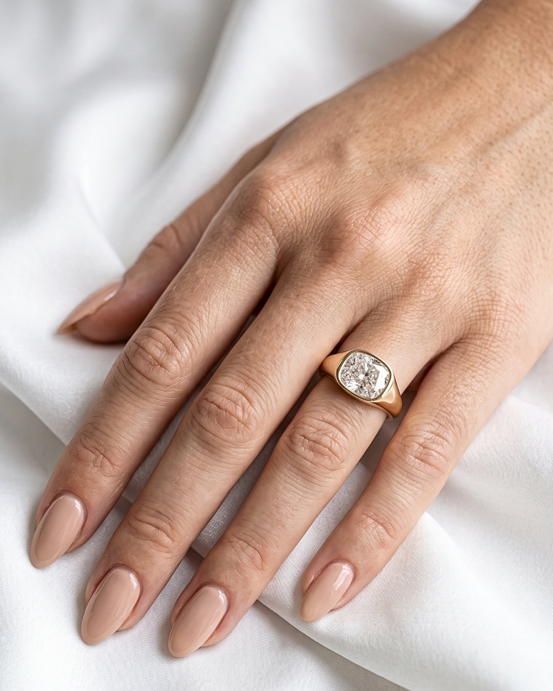 Freya: Elongated Cushion East West Bezel Solitaire with Signet Band Moissanite Engagement Ring