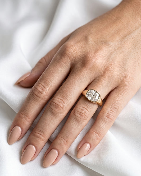 Freya: Elongated Cushion East West Bezel Solitaire with Signet Band Moissanite Engagement Ring