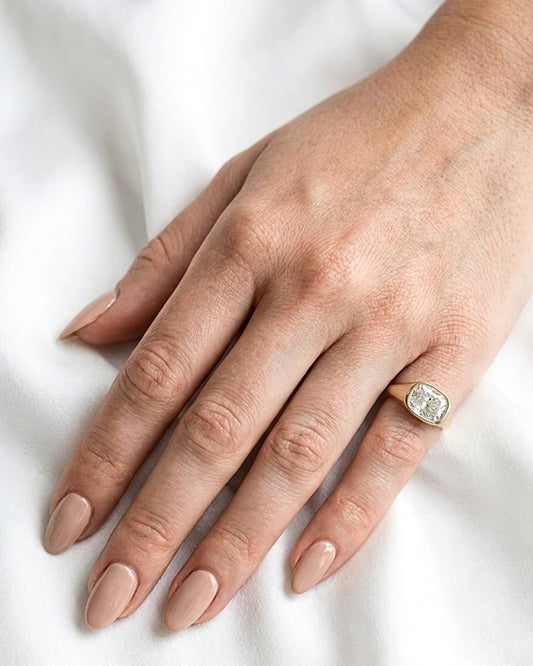 Freya: Elongated Cushion East West Bezel Solitaire with Signet Band Ring
