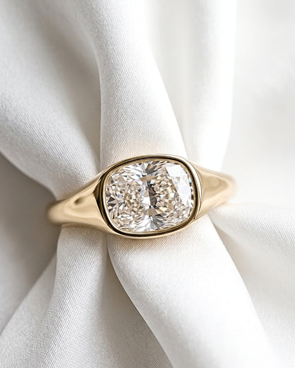 Freya: Elongated Cushion East West Bezel Solitaire with Signet Band Moissanite Engagement Ring