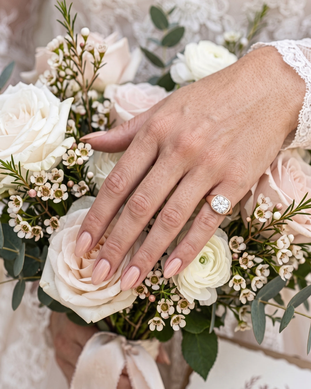 Freya: Elongated Cushion East West Bezel Solitaire with Signet Band Ring