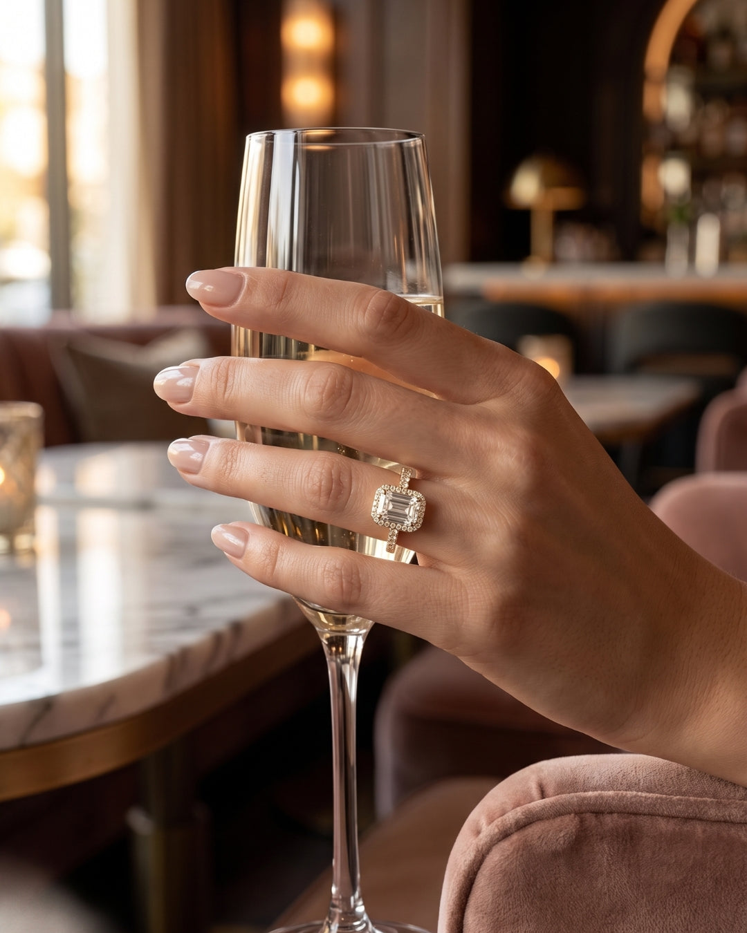 Genevieve: Emerald Halo Half Pavé Diamond Engagement Ring