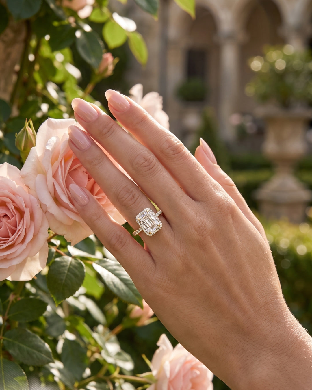Genevieve: Emerald Halo Half Pavé Diamond Engagement Ring