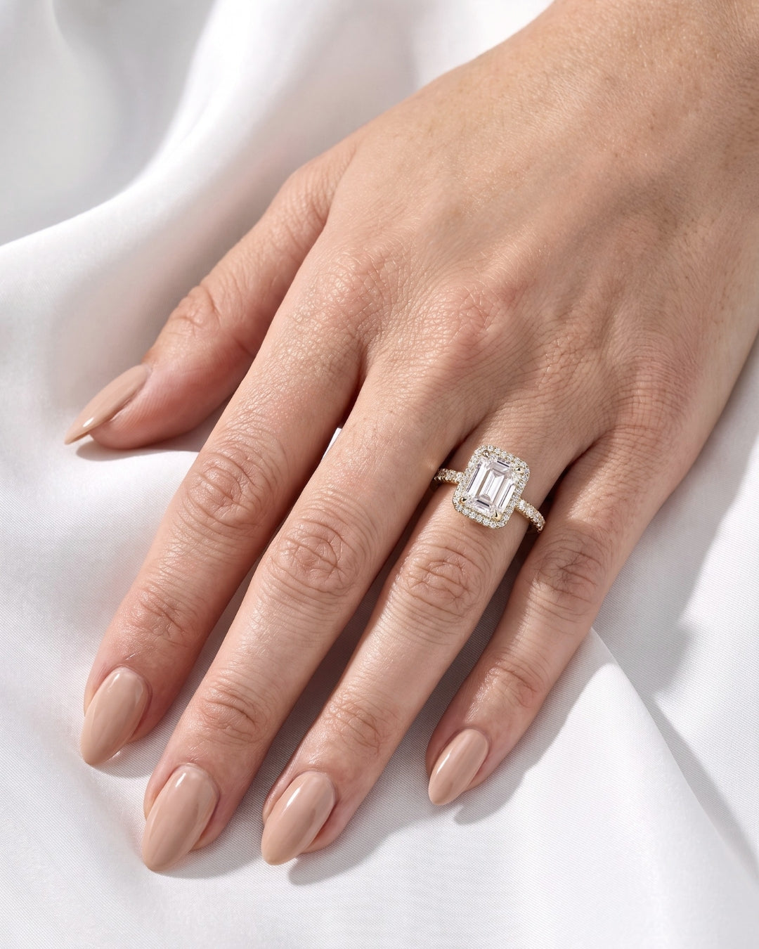 Genevieve: Emerald Halo Half Pavé Diamond Engagement Ring