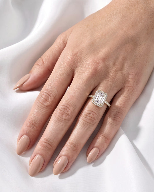 Genevieve: Emerald Halo Half Pavé Moissanite Engagement Ring