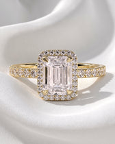 Genevieve: Emerald Halo Half Pavé Moissanite Engagement Ring