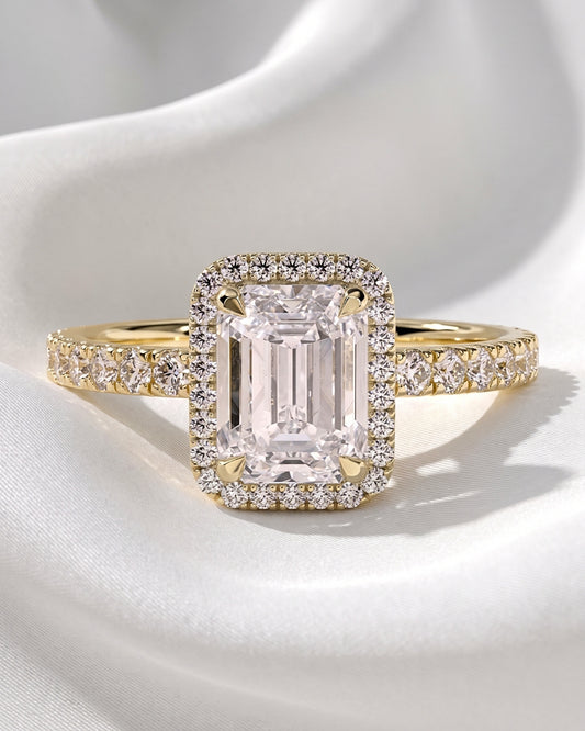 Genevieve: Emerald Halo Half Pavé Moissanite Engagement Ring