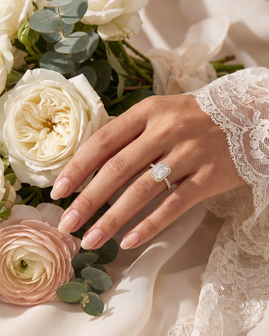 Genevieve: Emerald Halo Half Pavé Diamond Engagement Ring