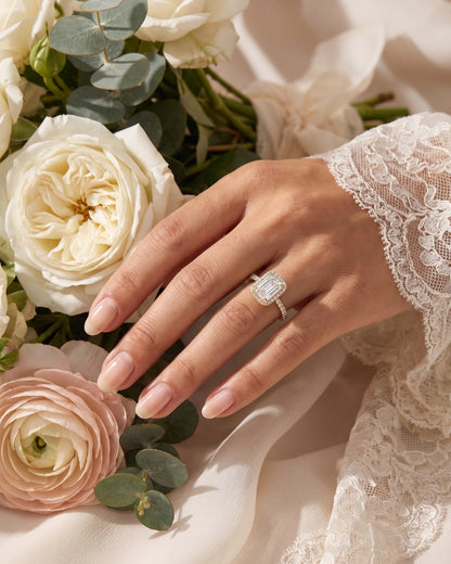 Genevieve: Emerald Halo Half Pavé Diamond Engagement Ring