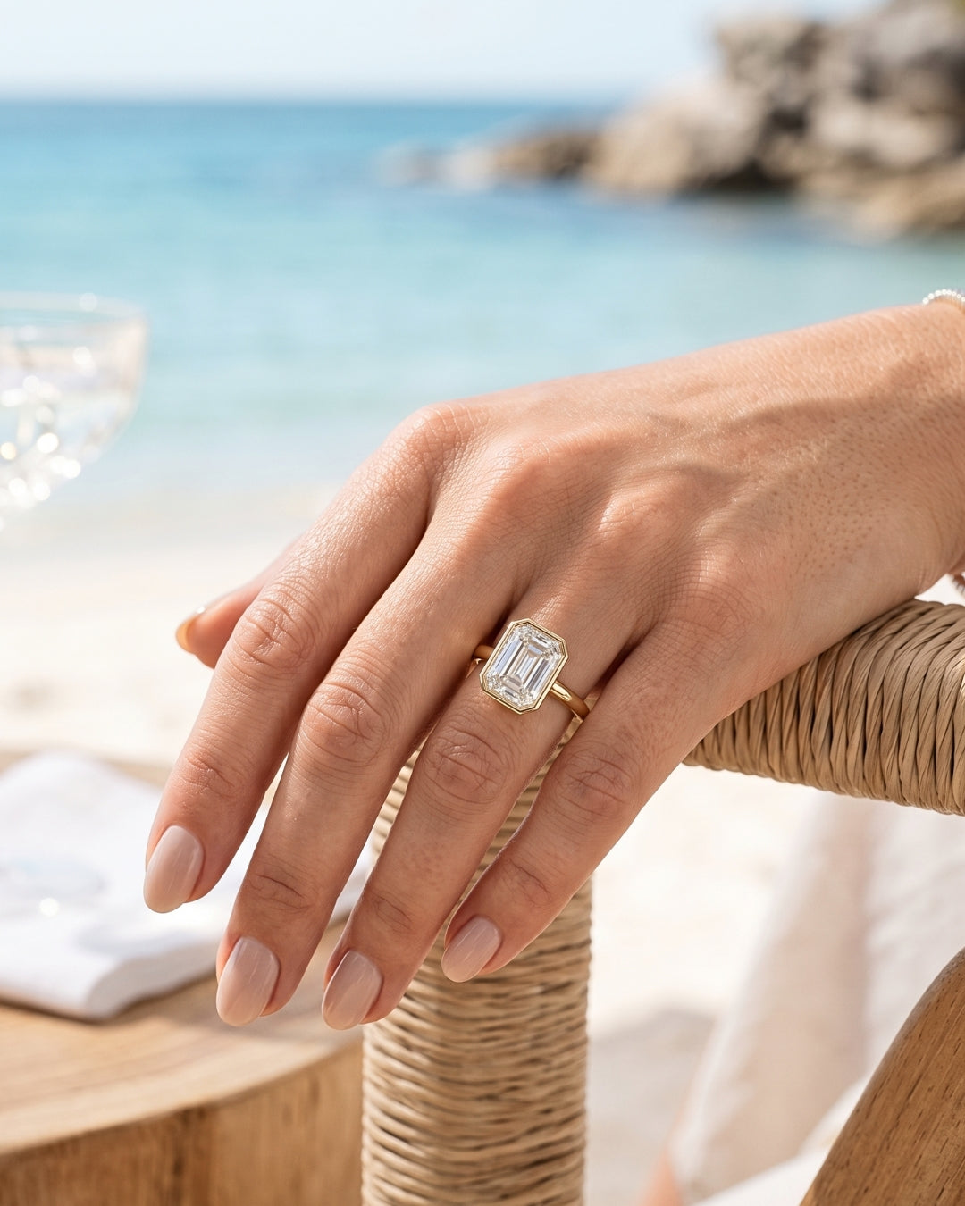 Hilda: Emerald Bezel Solitaire Moissanite Engagement Ring