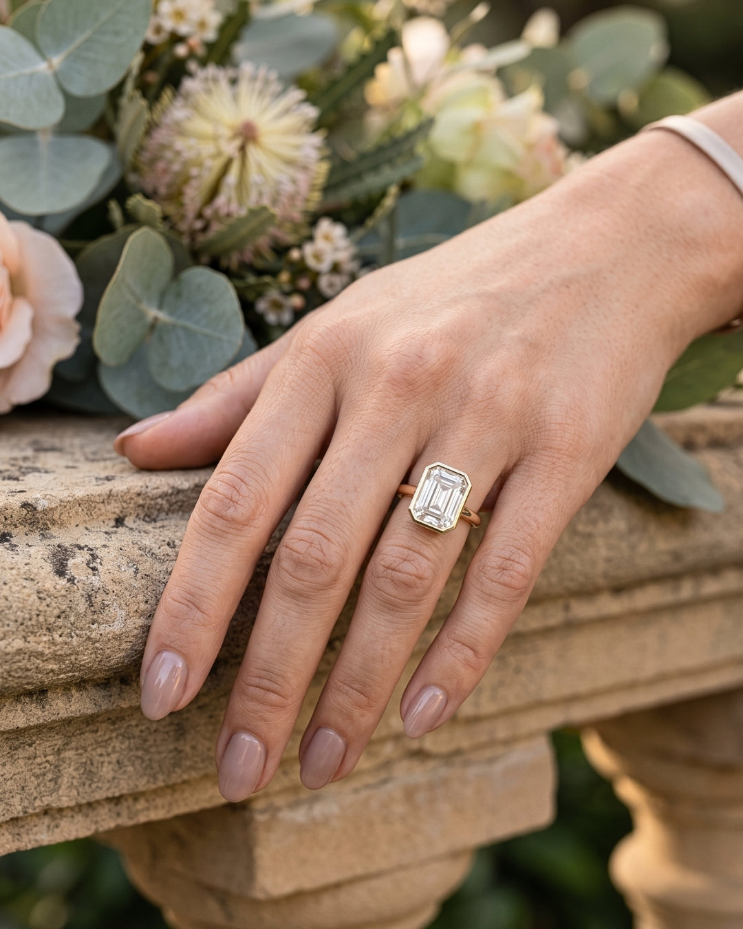 Hilda: Emerald Bezel Solitaire Moissanite Engagement Ring