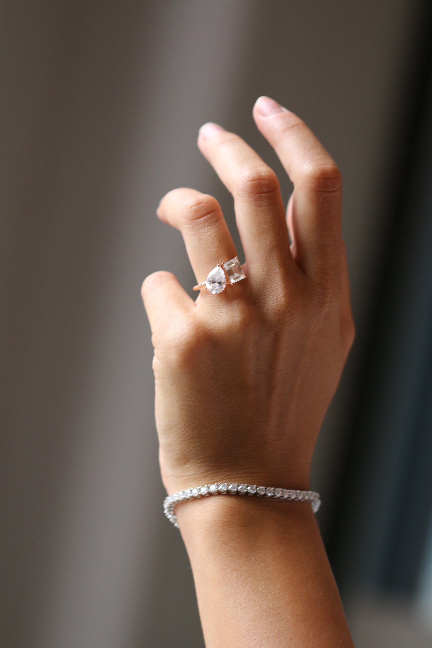 Pear & Emerald Two-Stone Diamond Engagement Ring